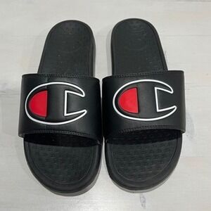 Champion‎ Super Slide Sandals Black Red White Logo Men's Size 8 M
